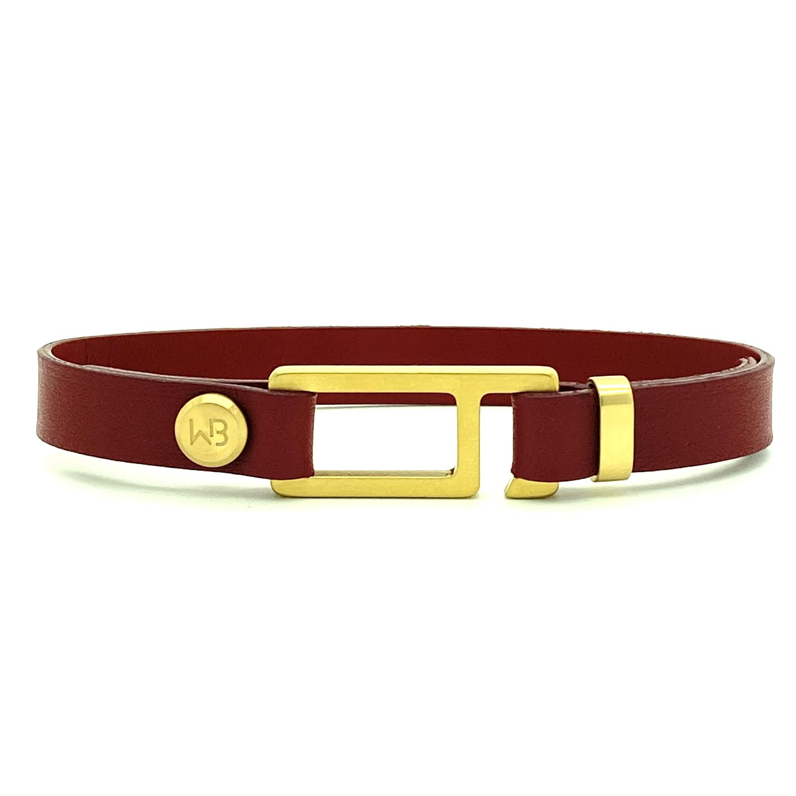 Our striking burgundy/black Italian leather bracelet is paired perfectly with our artisan designed, lightly brushed hardware. Your hardware choices include Rose Gold, Yellow Gold, Stainless Steel or Black Ceramic. This adjustable size bracelet is a distinctive piece worn alone or with a WristBend stacking bracelet. Made by WristBend