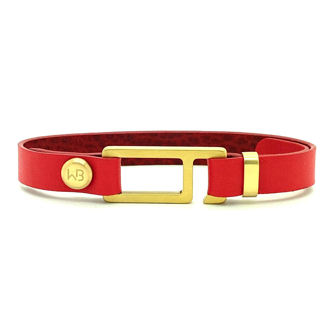 Our striking red Italian leather bracelet is paired perfectly with our artisan designed, lightly brushed hardware. Your hardware choices include Rose Gold, Yellow Gold, Stainless Steel or Black Ceramic. This adjustable size bracelet is a distinctive piece worn alone or with a WristBend stacking bracelet. Made by WristBend