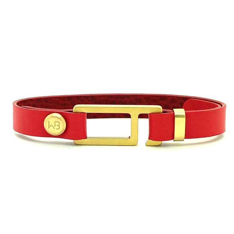 Our striking red Italian leather bracelet is paired perfectly with our artisan designed, lightly brushed hardware. Your hardware choices include Rose Gold, Yellow Gold, Stainless Steel or Black Ceramic. This adjustable size bracelet is a distinctive piece worn alone or with a WristBend stacking bracelet. Made by WristBend