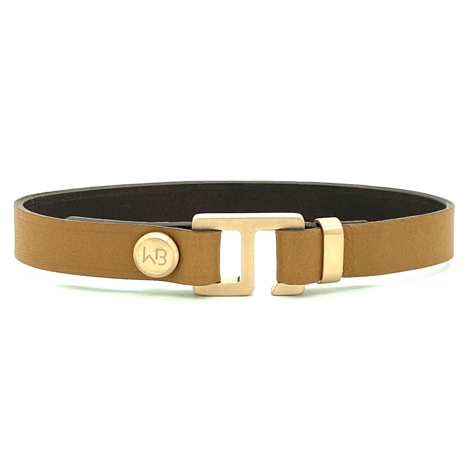 With a trendy, cool modern vibe, this tan/dark brown Italian leather cuff bracelet is paired with your choice of brushed stainless steel, brass or black ceramic hardware. Our signature cuff bracelet is a modern staple for your WristBend collection. Made by WristBend