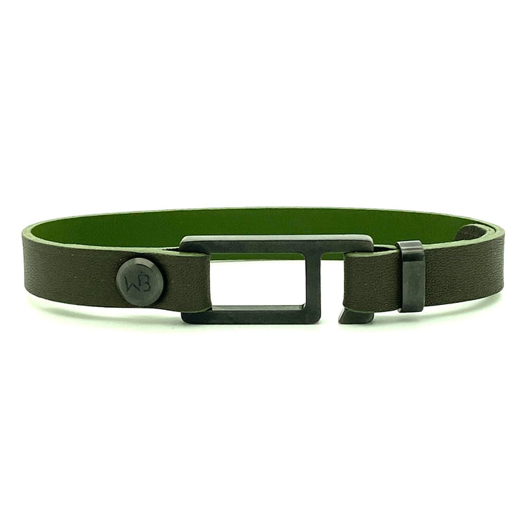 Our striking RMG military green Italian leather bracelet is paired perfectly with our artisan designed, lightly brushed hardware. Your hardware choices include Rose Gold, Yellow Gold, Stainless Steel or Black Ceramic. This adjustable size bracelet is a distinctive piece worn alone or with a WristBend stacking bracelet. Made by WristBend