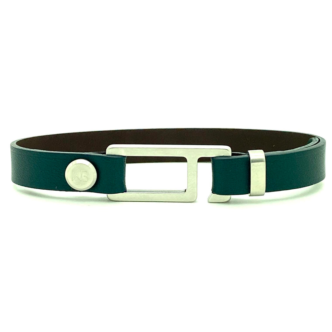 Our striking Cypress Italian leather bracelet is paired perfectly with our artisan designed, lightly brushed hardware. Your hardware choices include Rose Gold, Yellow Gold, Stainless Steel or Black Ceramic. This adjustable size bracelet is a distinctive piece worn alone or with a WristBend stacking bracelet. Made by WristBend