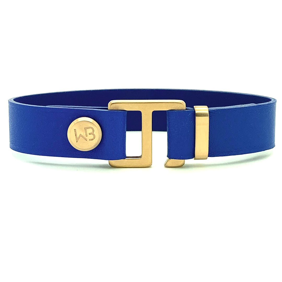 Our striking Elec Blue leather cuff bracelet is paired perfectly with our artisan designed, lightly brushed hardware. Your hardware choices include Rose Gold, Yellow Gold, Stainless Steel and Black Ceramic. This adjustable size bracelet is a distinctive piece worn alone or with a WristBend stacking bracelet. Made by WristBend