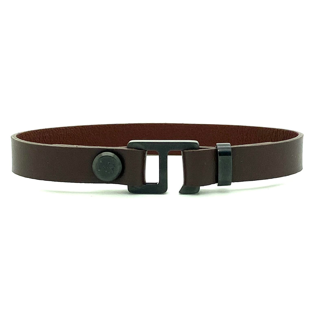 With a trendy, cool modern vibe, this dark brown/tan Italian leather cuff bracelet is paired with your choice of brushed stainless steel or black ceramic hardware. Our signature cuff bracelet is a modern staple for your WristBend collection. Made by WristBend