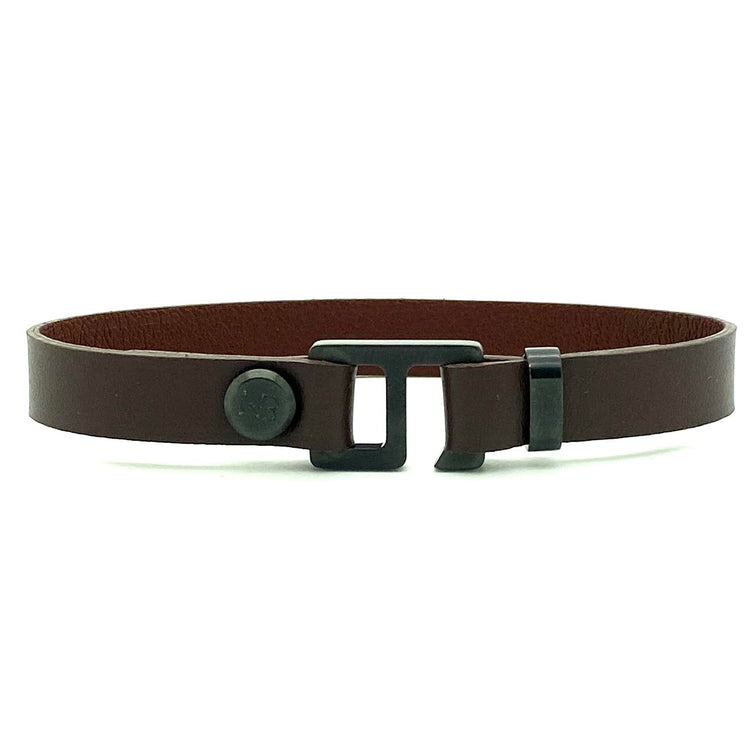 With a trendy, cool modern vibe, this dark brown/tan Italian leather cuff bracelet is paired with your choice of brushed stainless steel or black ceramic hardware. Our signature cuff bracelet is a modern staple for your WristBend collection. Made by WristBend