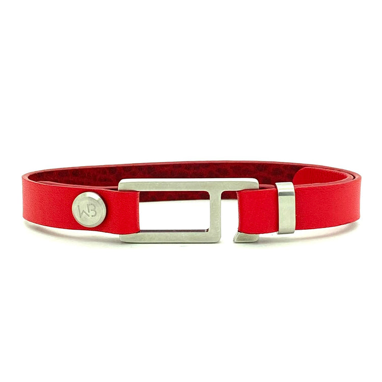 Our striking red Italian leather bracelet is paired perfectly with our artisan designed, lightly brushed hardware. Your hardware choices include Rose Gold, Yellow Gold, Stainless Steel or Black Ceramic. This adjustable size bracelet is a distinctive piece worn alone or with a WristBend stacking bracelet. Made by WristBend