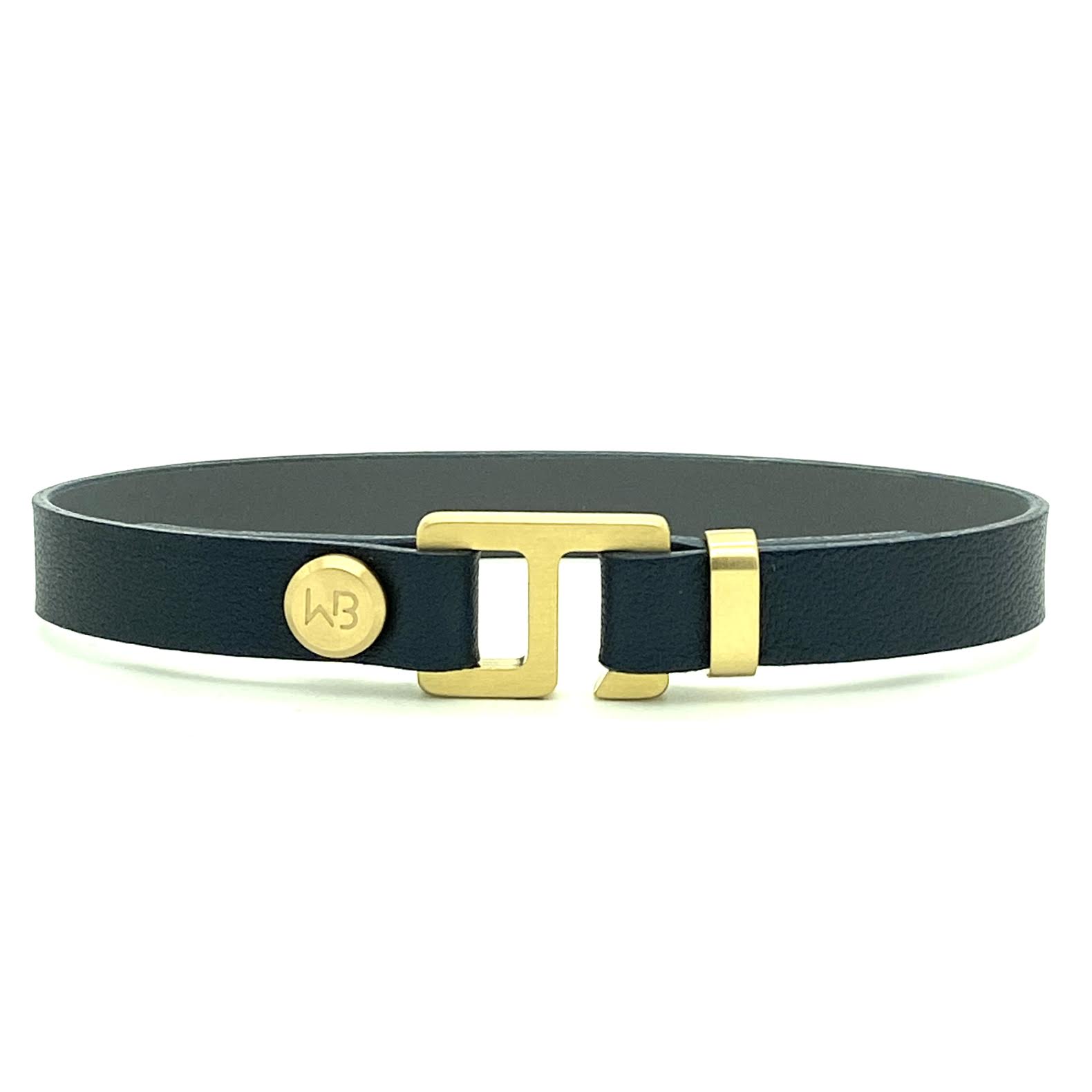 With a trendy, cool modern vibe, this navy blue/ charcoal grey leather cuff bracelet is paired with your choice of brushed stainless steel, brass or black ceramic hardware. Our signature cuff bracelet is a modern staple for your WristBend collection. Made by WristBend