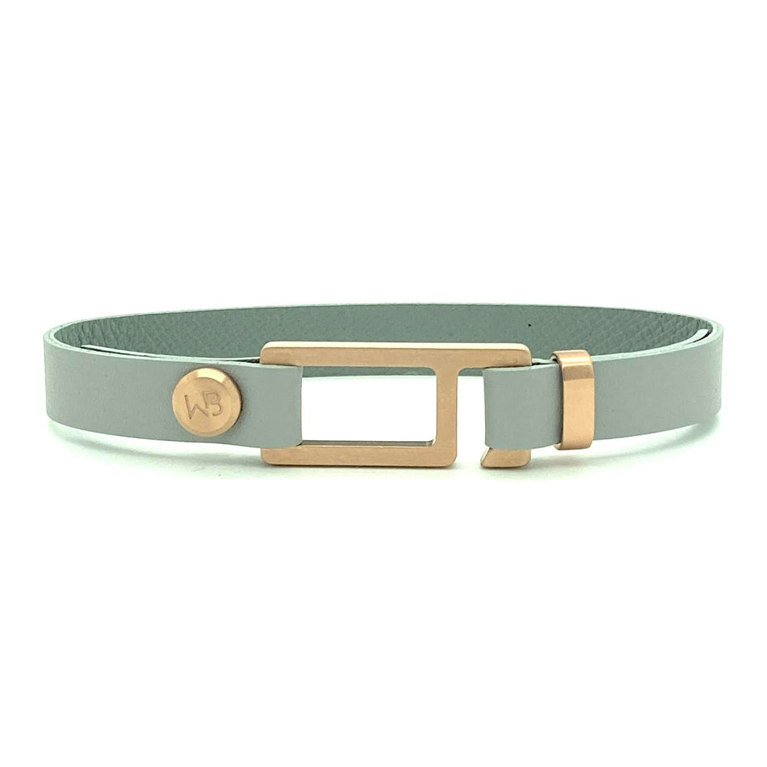 Our striking charcoal grey French leather bracelet is paired perfectly with our artisan designed, lightly brushed hardware. Your hardware choices include Rose Gold, Yellow Gold, Stainless Steel or Black Ceramic. This adjustable size bracelet is a distinctive piece worn alone or with a WristBend stacking bracelet. Made by WristBend