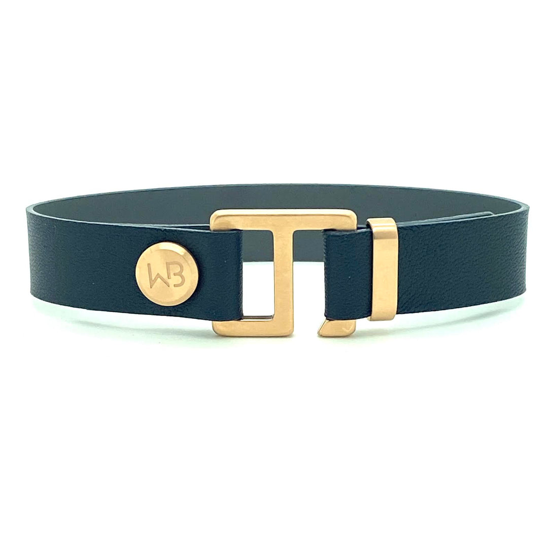Our striking navy blue/charcoal grey leather cuff bracelet is paired perfectly with your choice of our artisan designed brushed hardware. Choices include rose gold, yellow gold, stainless steel or black ceramic. This adjustable size bracelet is a distinctive piece worn alone or with a WristBend stacking bracelet. Made by WristBend