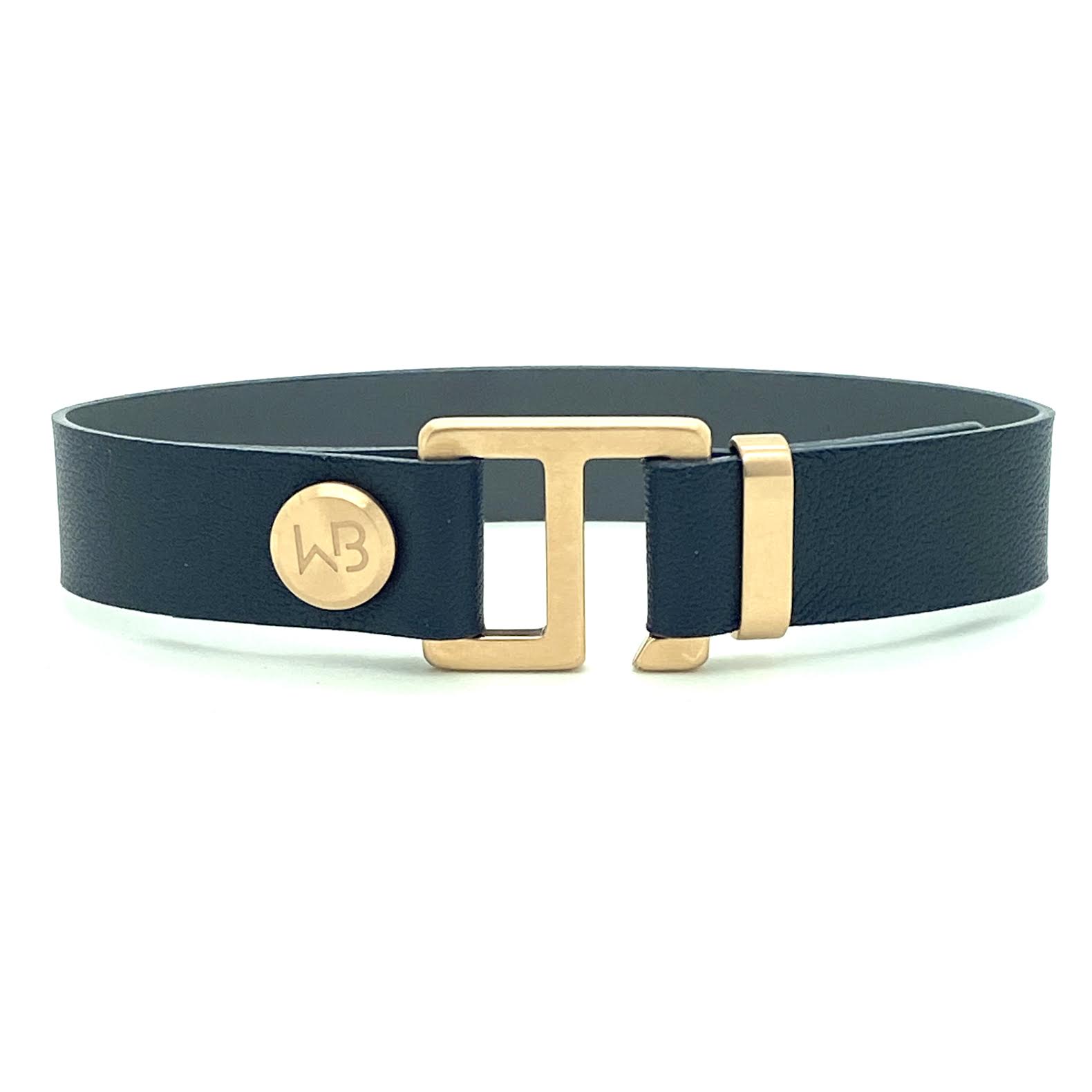 Our striking navy blue/charcoal grey leather cuff bracelet is paired perfectly with your choice of our artisan designed brushed hardware. Choices include rose gold, yellow gold, stainless steel or black ceramic. This adjustable size bracelet is a distinctive piece worn alone or with a WristBend stacking bracelet. Made by WristBend
