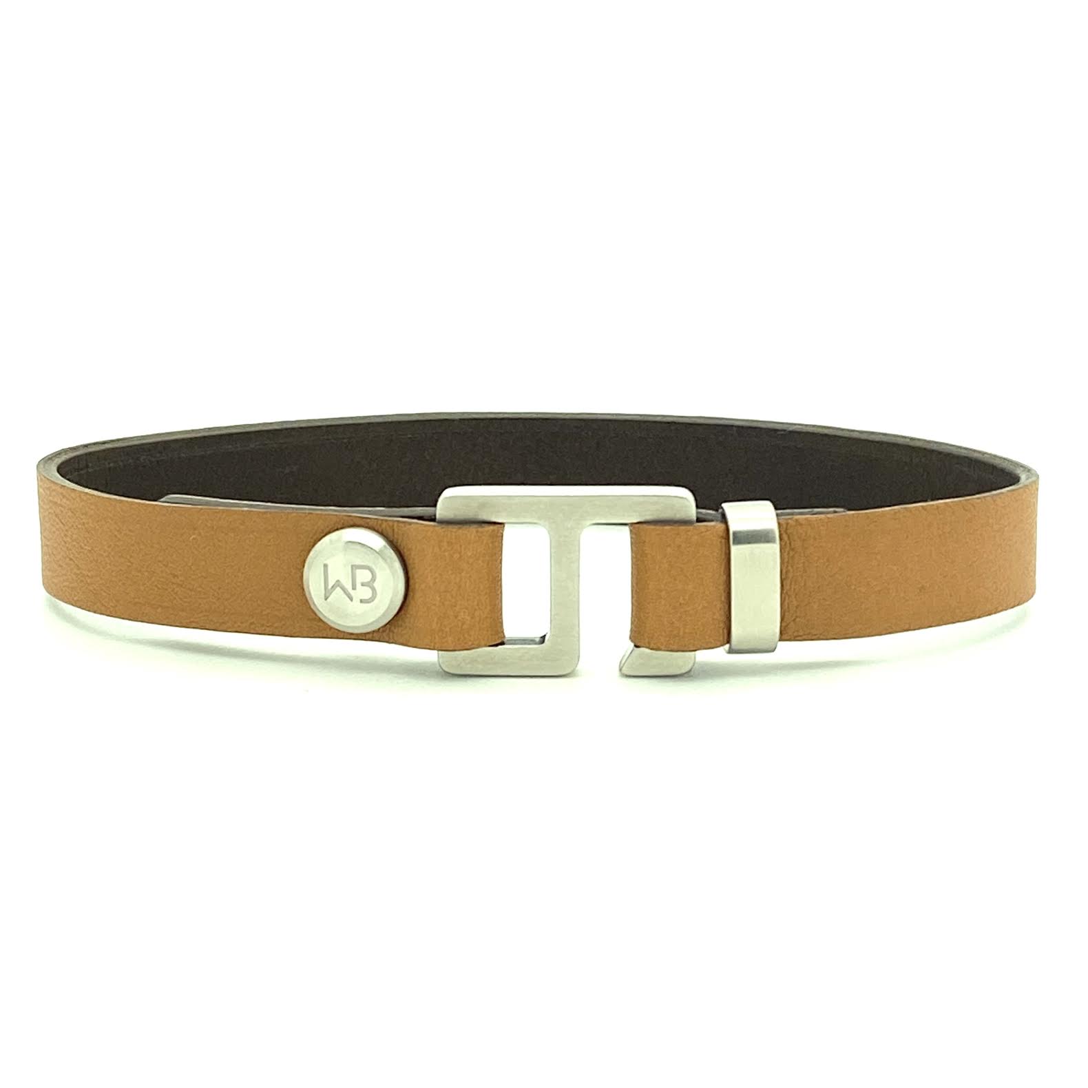 With a trendy, cool modern vibe, this tan/dark brown Italian leather cuff bracelet is paired with your choice of brushed stainless steel, brass or black ceramic hardware. Our signature cuff bracelet is a modern staple for your WristBend collection. Made by WristBend
