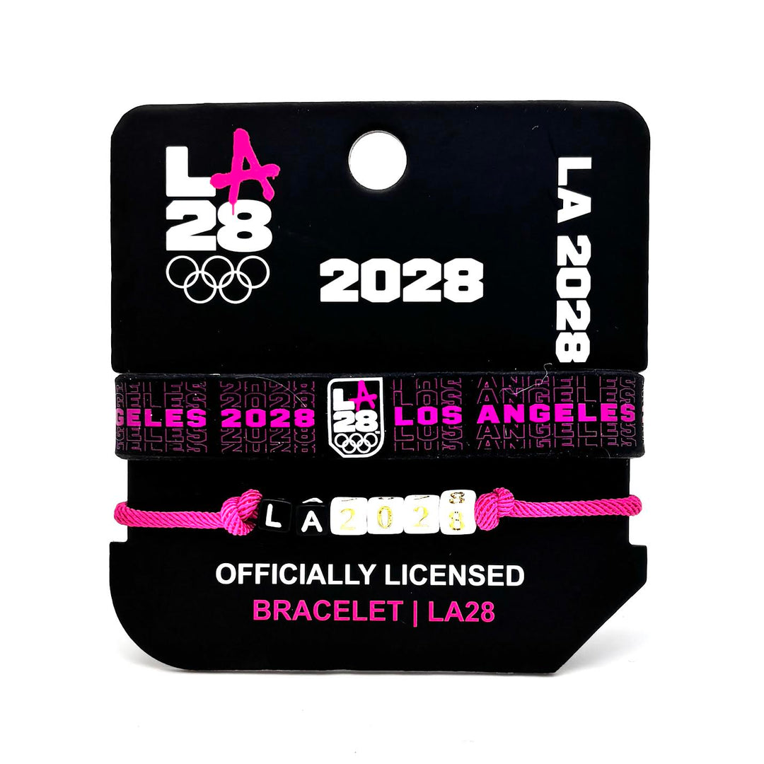 2 Pack Pink Silicone band and Pink Shoestring Bracelet for the LA28 Olympics. Made by WristBend