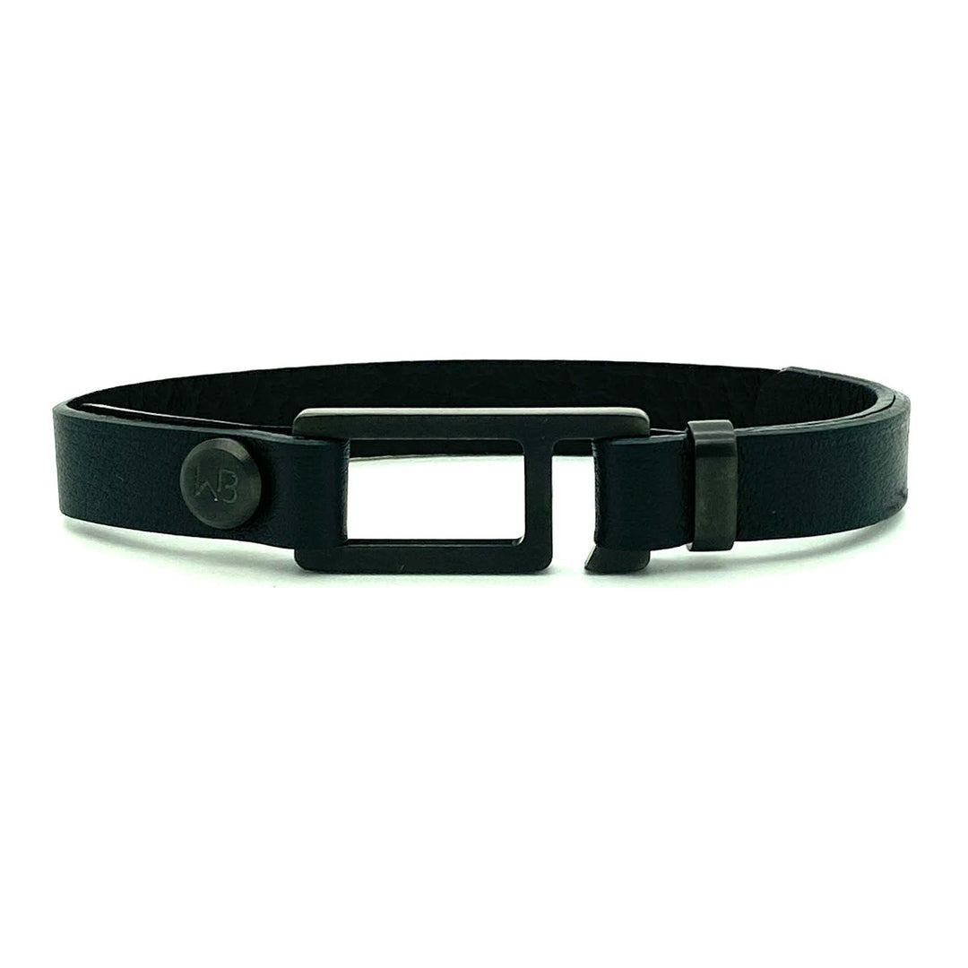Our striking black Italian leather bracelet is paired perfectly with our artisan designed, lightly brushed hardware. Your hardware choices include Rose Gold, Yellow Gold, Stainless Steel or Black Ceramic. This adjustable size bracelet is a distinctive piece worn alone or with a WristBend stacking bracelet. Made by WristBend