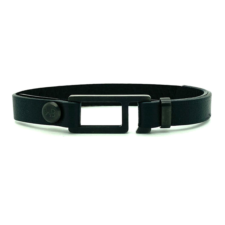 Our striking black Italian leather bracelet is paired perfectly with our artisan designed, lightly brushed hardware. Your hardware choices include Rose Gold, Yellow Gold, Stainless Steel or Black Ceramic. This adjustable size bracelet is a distinctive piece worn alone or with a WristBend stacking bracelet. Made by WristBend