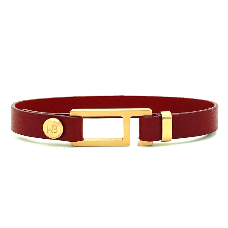 Our striking red wine Italian leather bracelet is paired perfectly with our artisan designed, lightly brushed hardware. Your hardware choices include Rose Gold, Yellow Gold, Stainless Steel or Black Ceramic. This adjustable size bracelet is a distinctive piece worn alone or with a WristBend stacking bracelet. WristBend