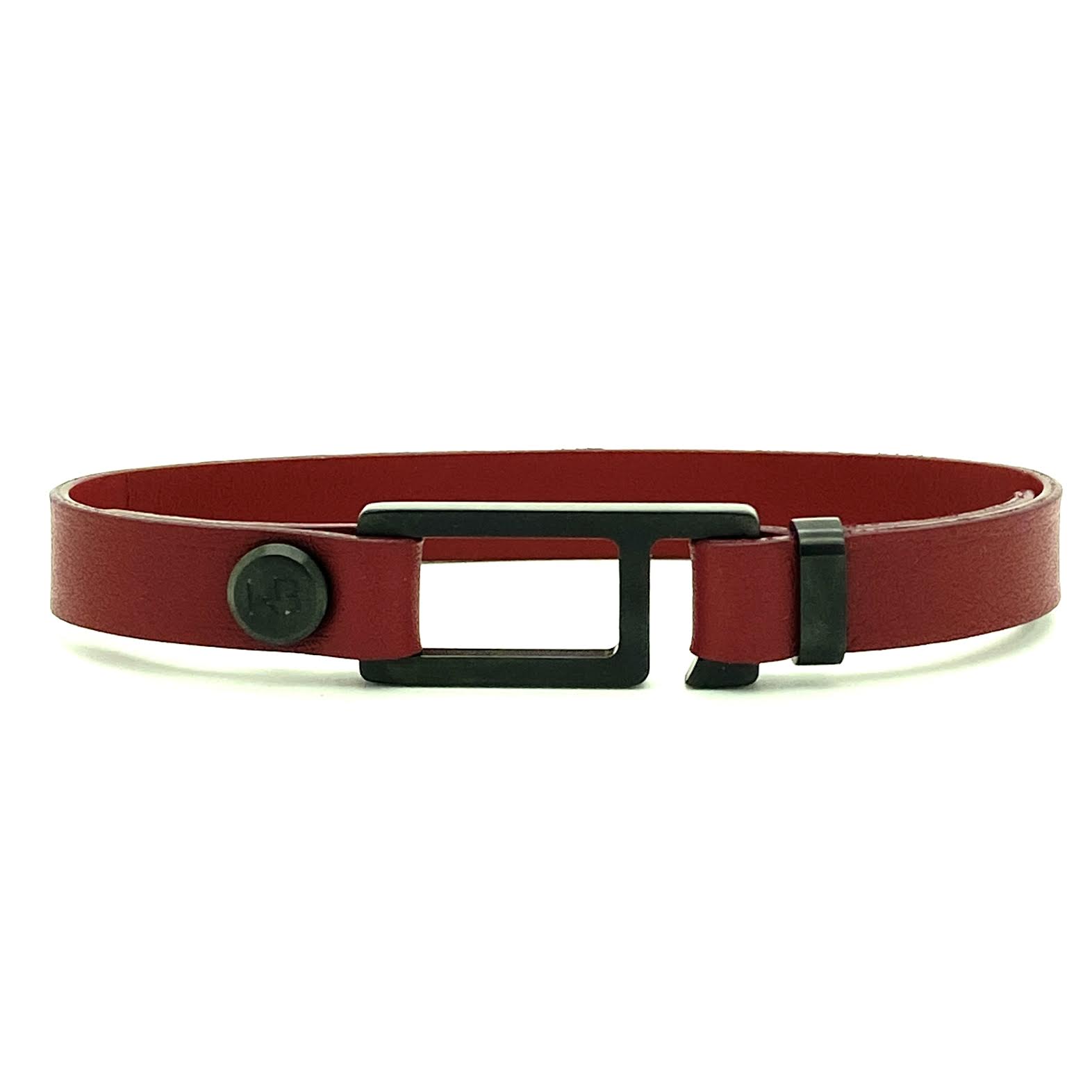 Our striking burgundy/black Italian leather bracelet is paired perfectly with our artisan designed, lightly brushed hardware. Your hardware choices include Rose Gold, Yellow Gold, Stainless Steel or Black Ceramic. This adjustable size bracelet is a distinctive piece worn alone or with a WristBend stacking bracelet. Made by WristBend