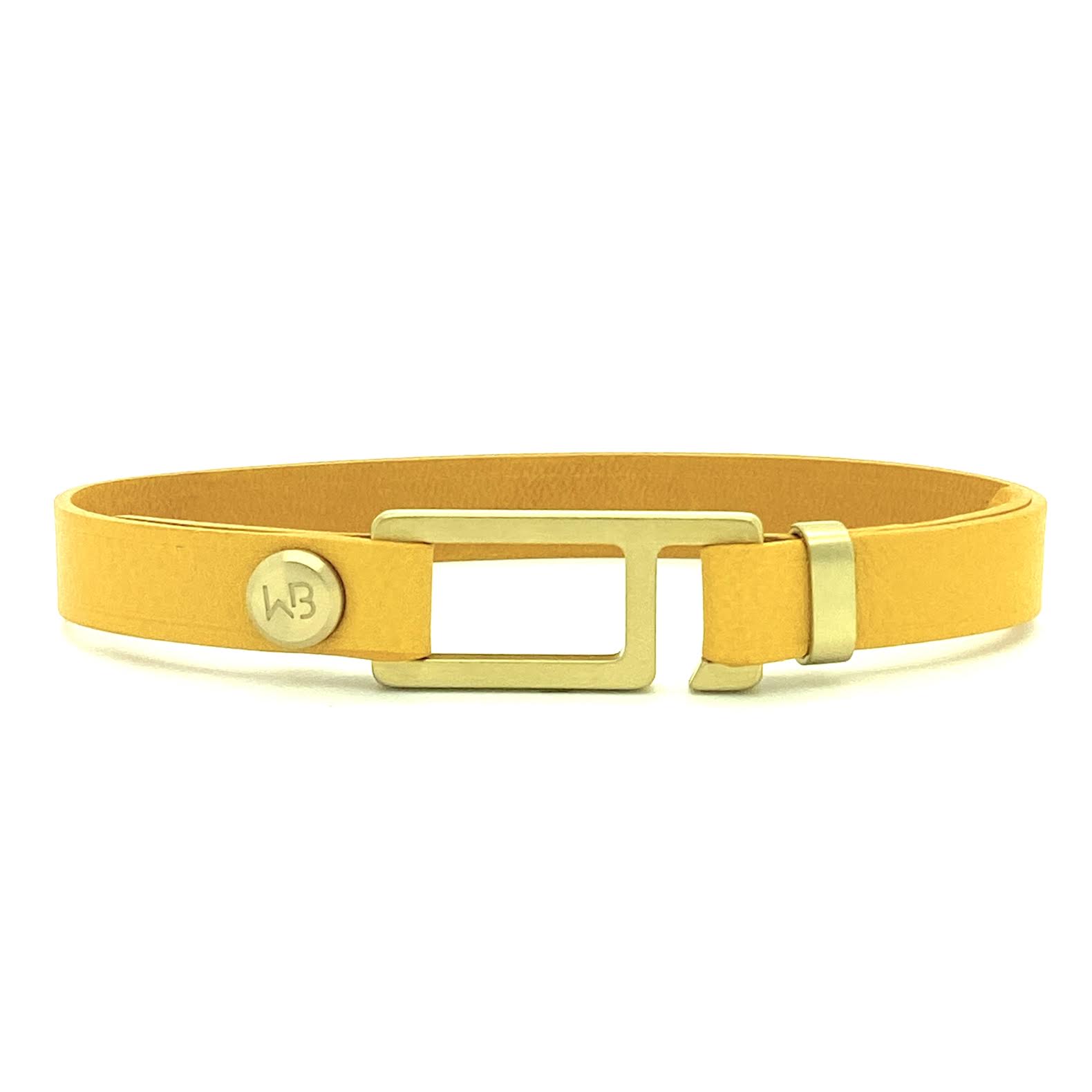 Our striking Buttero yellow Italian leather bracelet is paired perfectly with our artisan designed, lightly brushed hardware. Your hardware choices include Rose Gold, Yellow Gold, Stainless Steel or Black Ceramic. This adjustable size bracelet is a distinctive piece worn alone or with a WristBend stacking bracelet. Made by WristBend