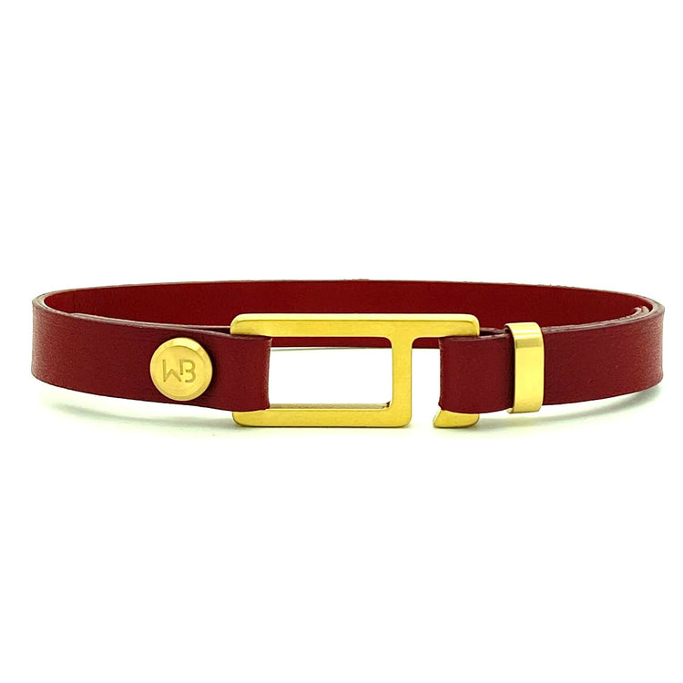 Our striking burgundy/black Italian leather bracelet is paired perfectly with our artisan designed, lightly brushed hardware. Your hardware choices include Rose Gold, Yellow Gold, Stainless Steel or Black Ceramic. This adjustable size bracelet is a distinctive piece worn alone or with a WristBend stacking bracelet. Made by WristBend