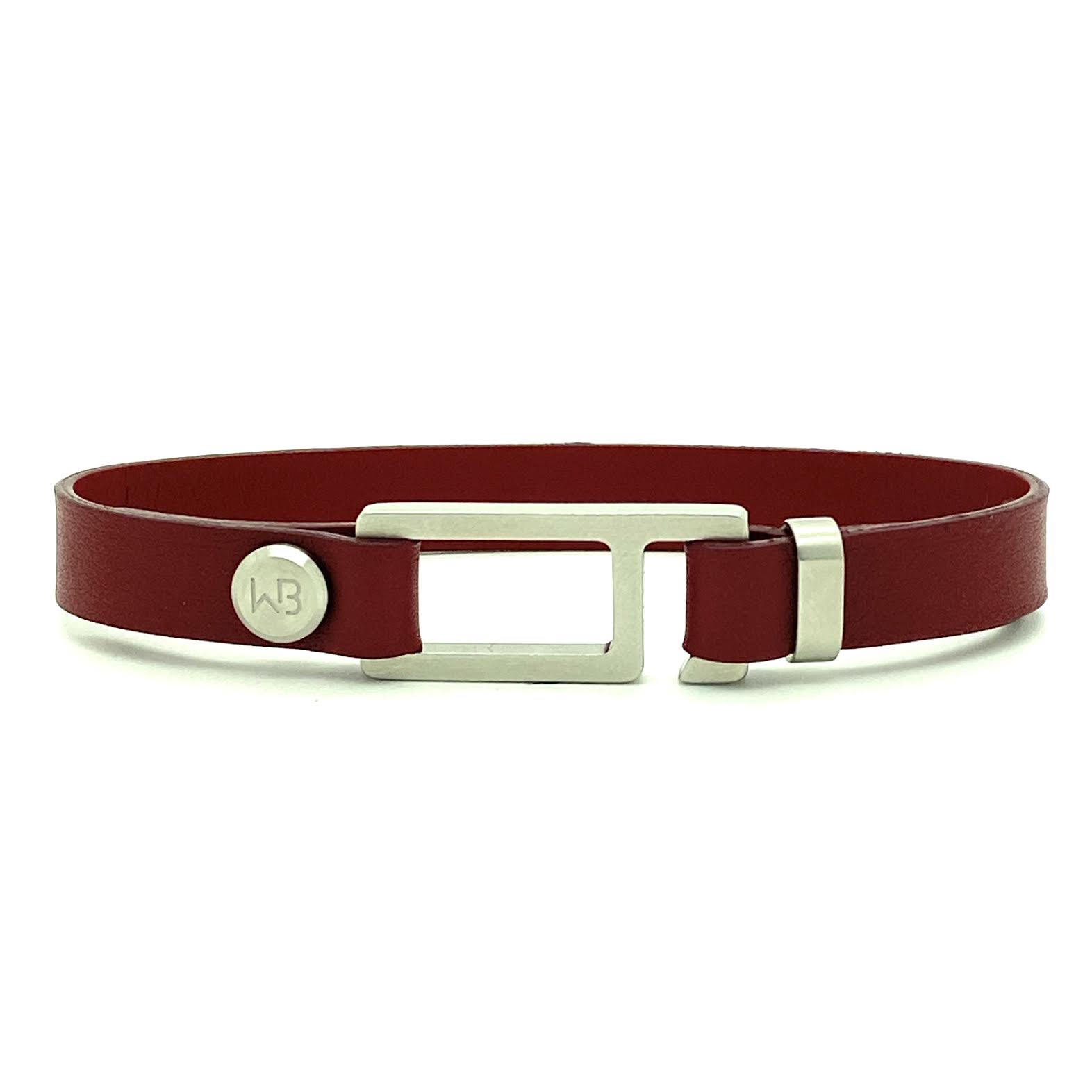 Our striking red wine Italian leather bracelet is paired perfectly with our artisan designed, lightly brushed hardware. Your hardware choices include Rose Gold, Yellow Gold, Stainless Steel or Black Ceramic. This adjustable size bracelet is a distinctive piece worn alone or with a WristBend stacking bracelet. Made by WristBend
