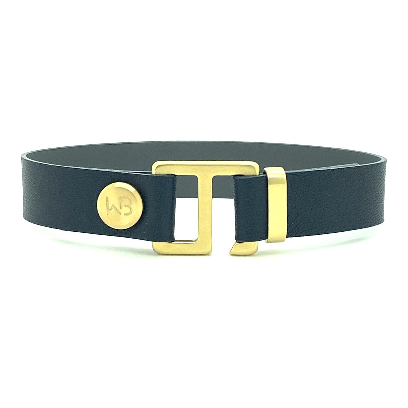 Our striking navy blue/charcoal grey leather cuff bracelet is paired perfectly with your choice of our artisan designed brushed hardware. Choices include rose gold, yellow gold, stainless steel or black ceramic. This adjustable size bracelet is a distinctive piece worn alone or with a WristBend stacking bracelet.  Made by WristBend
