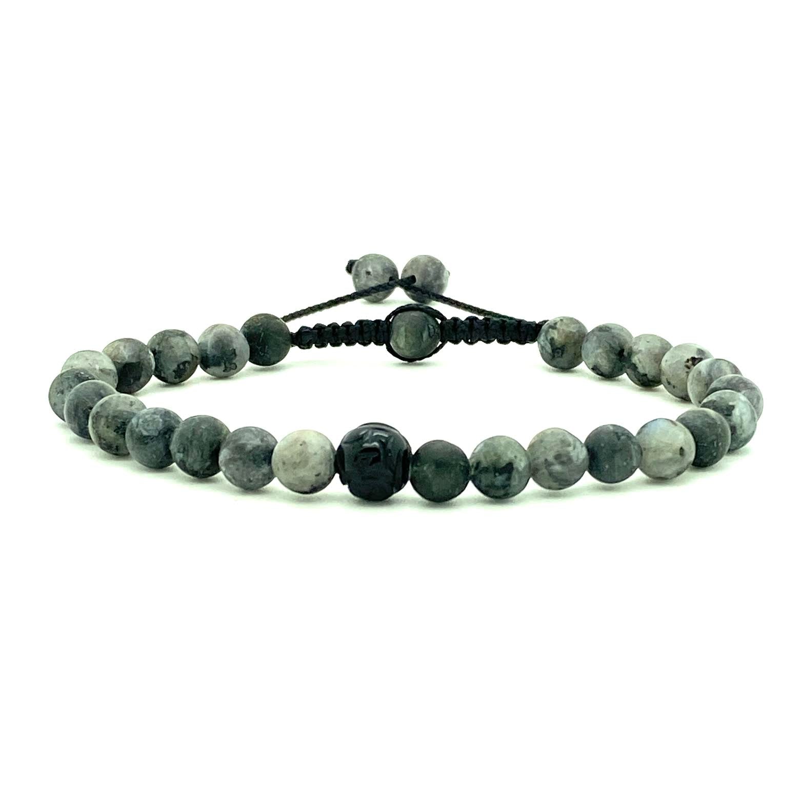 Labradorite beads act to stimulate intuition and to enhance protective energy. These matte Labradorite beads are accented with a single black dragon onyx bead. Hand knotted adjustable cord for a perfect fit. Made by WristBend