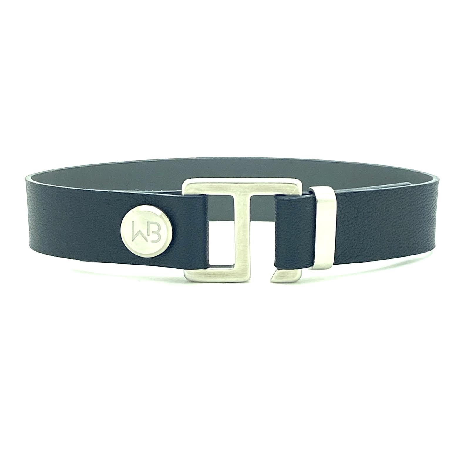 Our striking navy blue/charcoal grey leather cuff bracelet is paired perfectly with your choice of our artisan designed brushed hardware. Choices include rose gold, yellow gold, stainless steel or black ceramic. This adjustable size bracelet is a distinctive piece worn alone or with a WristBend stacking bracelet.  Made by WristBend