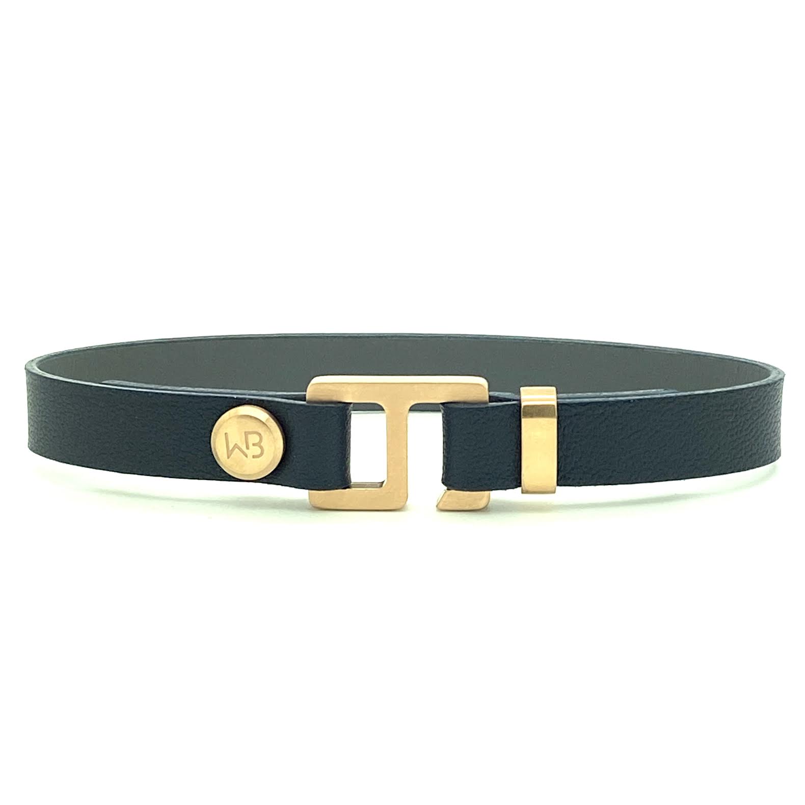 With a trendy, cool modern vibe, this navy blue/ charcoal grey leather cuff bracelet is paired with your choice of brushed stainless steel, brass or black ceramic hardware. Our signature cuff bracelet is a modern staple for your WristBend collection. Made by WristBend