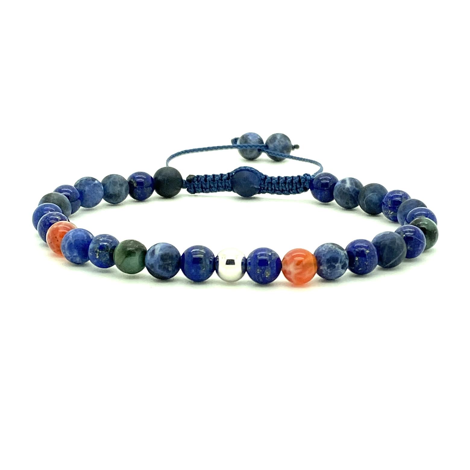Lapis Lazuli is a stunning semi-precious stone that has the power to bring deep peace, harmony, honesty and self-expression. Accented with Brazilian Emerald and Fire Agate  beads and your choice of a 14K solid white, rose or yellow gold bead. Hand knotted adjustable cord for a perfect fit. Made by WristBend