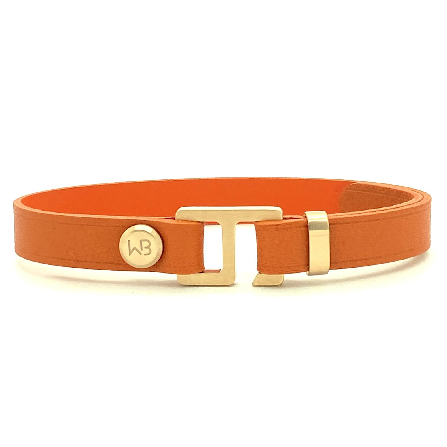 Trendy orange French and Italian leather cuff bracelet. Made by WristBend