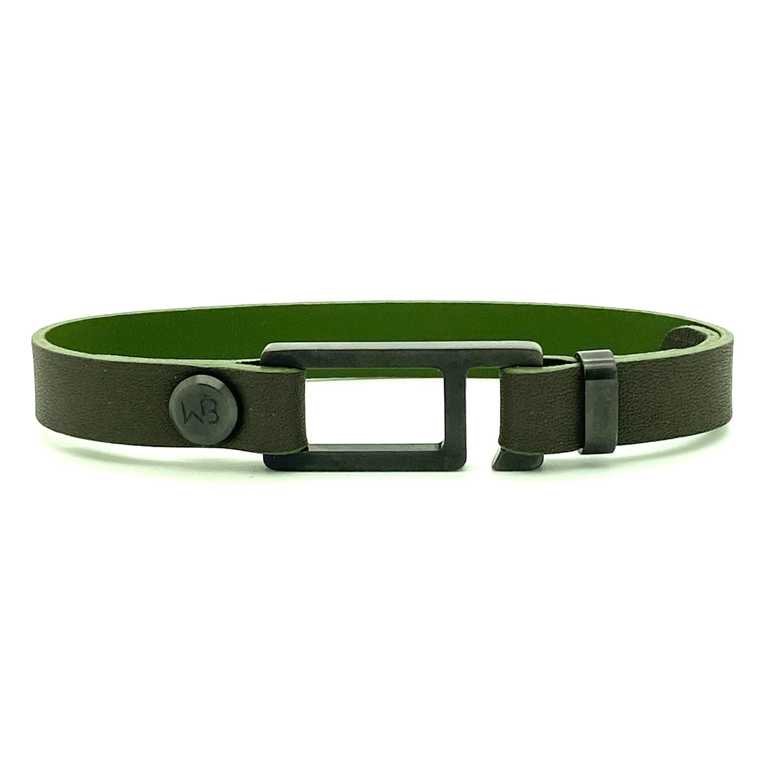 Our striking RMG military green Italian leather bracelet is paired perfectly with our artisan designed, lightly brushed hardware. Your hardware choices include Rose Gold, Yellow Gold, Stainless Steel or Black Ceramic. This adjustable size bracelet is a distinctive piece worn alone or with a WristBend stacking bracelet. Made by WristBend