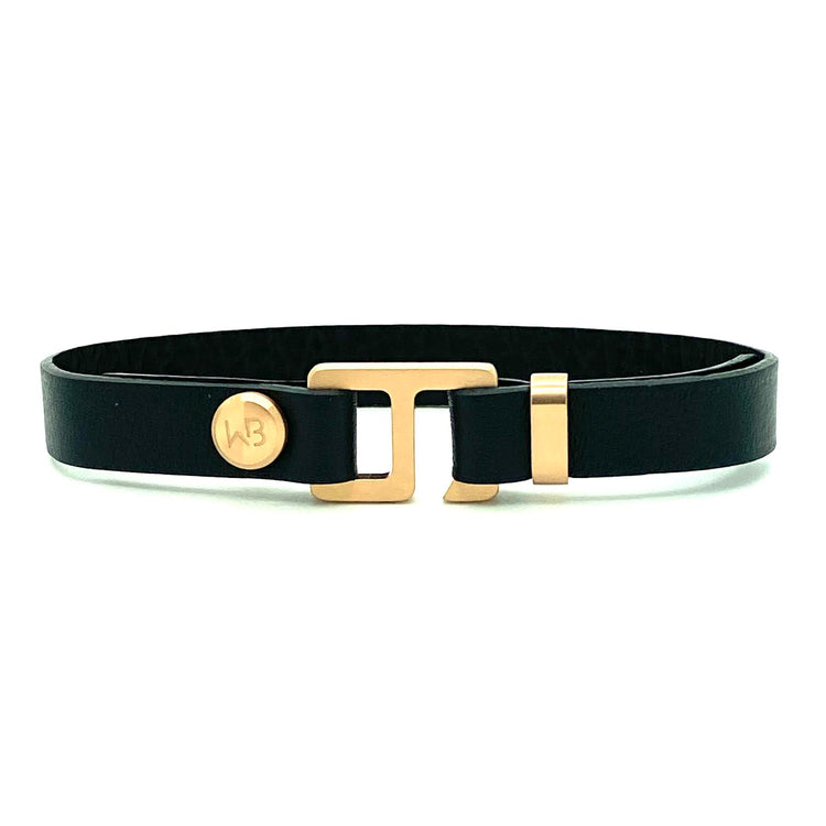 With a trendy, cool modern vibe, this black Italian leather cuff bracelet is paired with your choice of brushed stainless steel, brass or black ceramic hardware. Our signature cuff bracelet is a modern staple for your WristBend collection. Made by WristBend