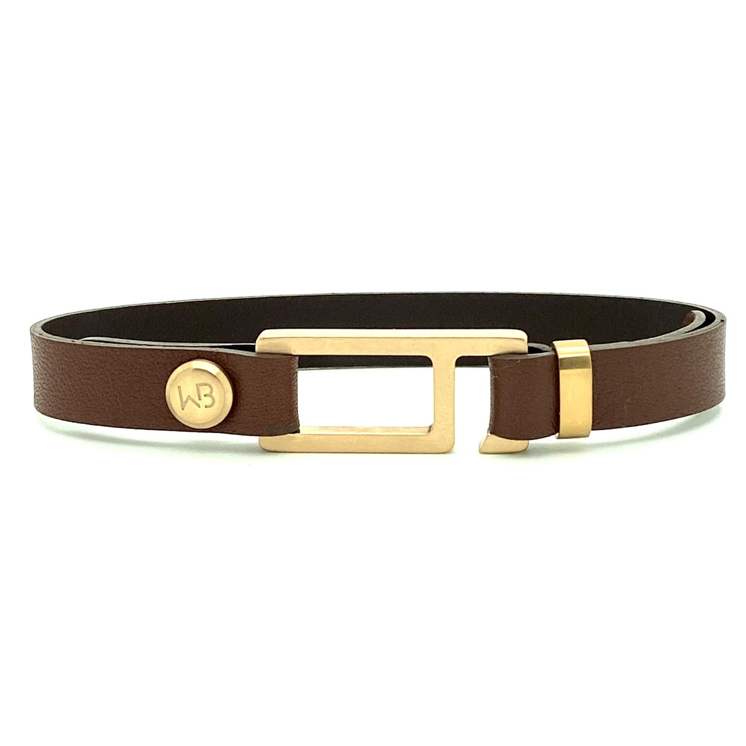 Our striking cinnamon brown Italian leather bracelet is paired perfectly with our artisan designed, lightly brushed hardware. Your hardware choices include Rose Gold, Yellow Gold, Stainless Steel or Black Ceramic. This adjustable size bracelet is a distinctive piece worn alone or with a WristBend stacking bracelet. Made by WristBend