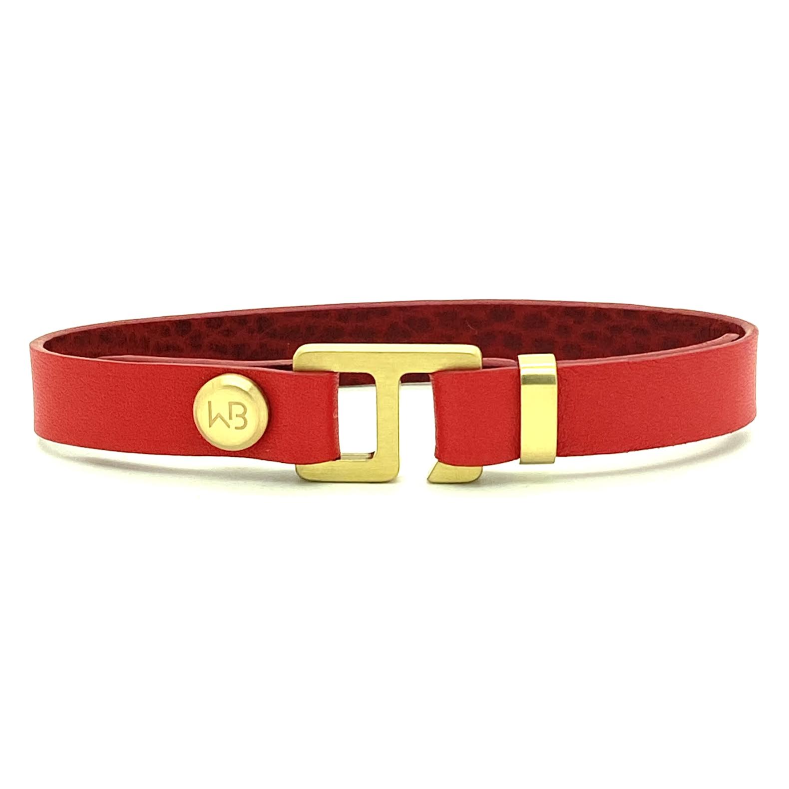 With a trendy, cool modern vibe, this red Italian leather cuff bracelet is paired with your choice of brushed stainless steel, brass or black ceramic hardware. Our signature cuff bracelet is a modern staple for your WristBend collection. Made by WristBend