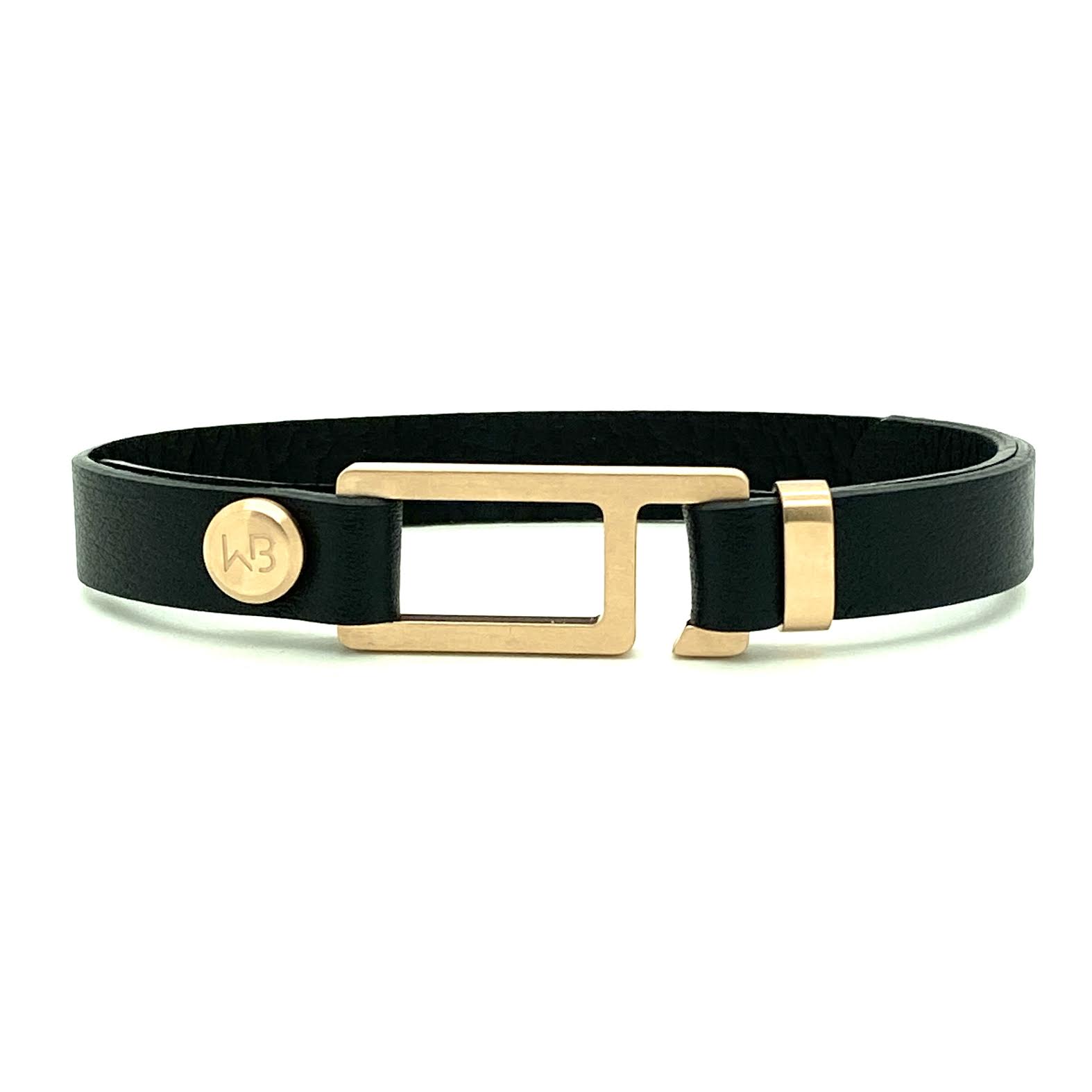 Our striking black Italian leather bracelet is paired perfectly with our artisan designed, lightly brushed hardware. Your hardware choices include Rose Gold, Yellow Gold, Stainless Steel or Black Ceramic. This adjustable size bracelet is a distinctive piece worn alone or with a WristBend stacking bracelet. Made by WristBend