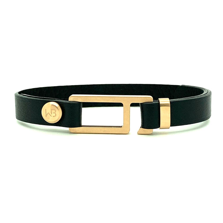 Our striking black Italian leather bracelet is paired perfectly with our artisan designed, lightly brushed hardware. Your hardware choices include Rose Gold, Yellow Gold, Stainless Steel or Black Ceramic. This adjustable size bracelet is a distinctive piece worn alone or with a WristBend stacking bracelet. Made by WristBend