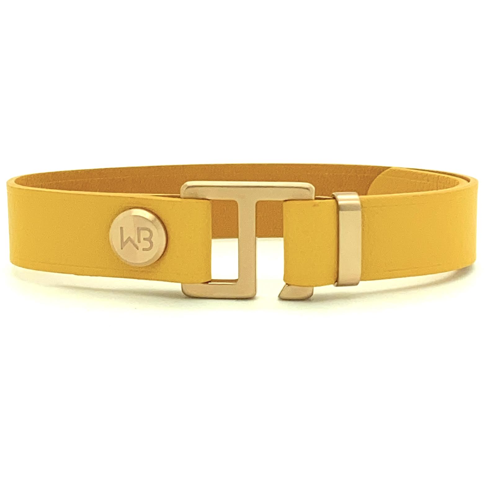 Our striking yellow leather cuff bracelet is paired perfectly with our artisan designed, lightly brushed hardware.  Your hardware choices include Rose Gold, Yellow Gold, Stainless Steel and Black Ceramic. This adjustable size bracelet is a distinctive piece worn alone or with a WristBend stacking bracelet. Made by WristBend