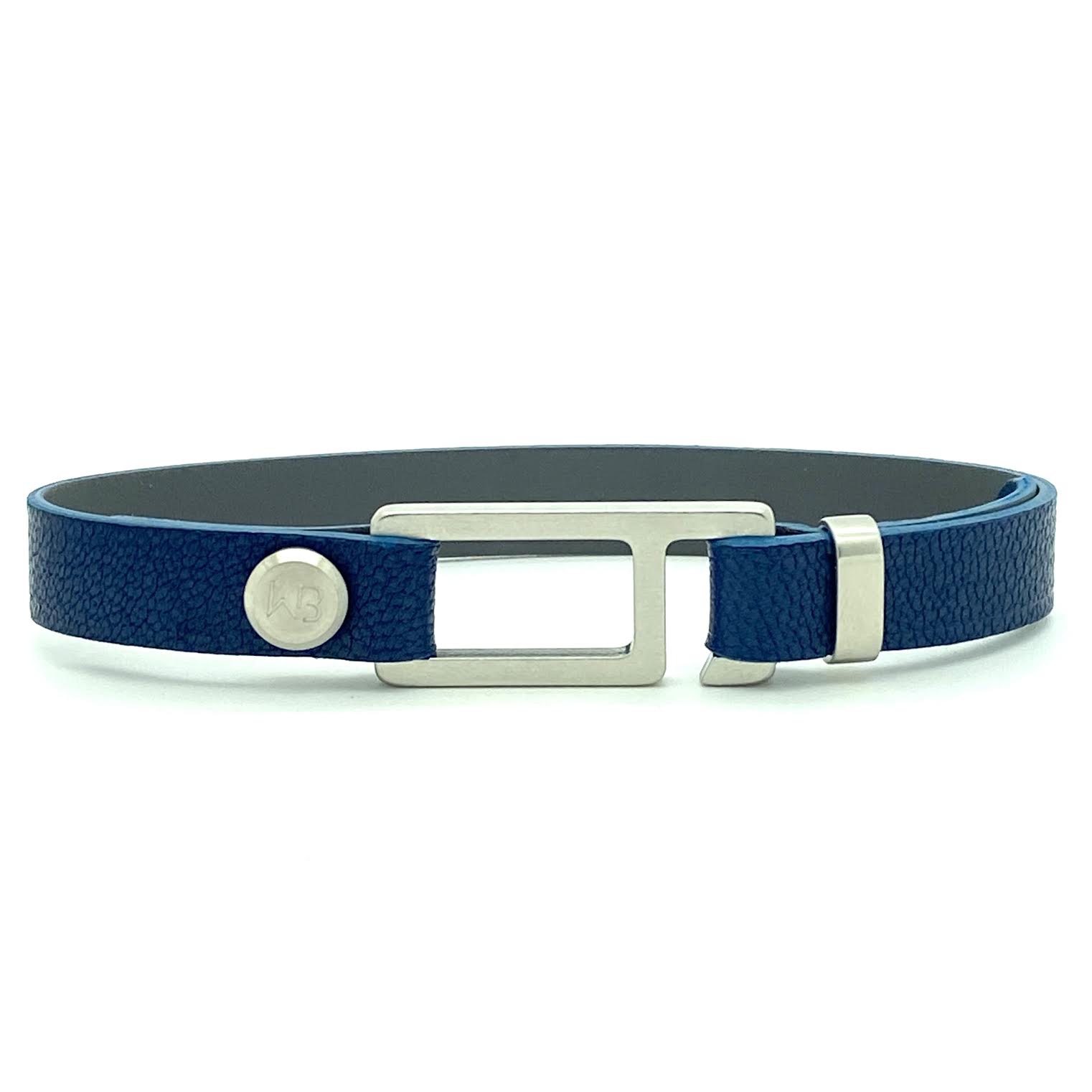 Our striking blue/gray Italian leather bracelet is paired perfectly with our artisan designed, lightly brushed hardware. Your hardware choices include Rose Gold, Yellow Gold, Stainless Steel or Black Ceramic. This adjustable size bracelet is a distinctive piece worn alone or with a WristBend stacking bracelet. Made by WristBend