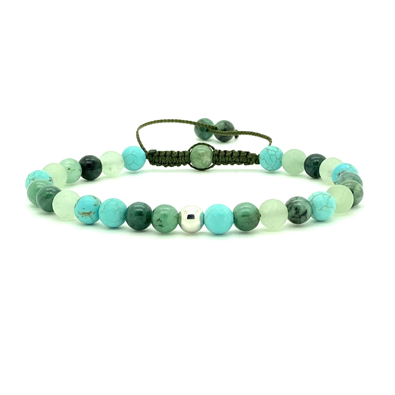 A mixture of Aqua Emeralds, these beads strengthen your connection to the divine energies by opening your heart and mind. These smooth blue variety beads are accented with a choice of a solid 14K white, yellow or rose gold bead. Hand knotted adjustable cord for a perfect fit. Made by WristBend