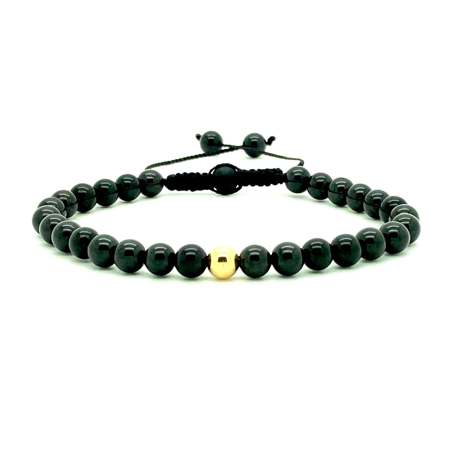 Trendy black spinel beads accented with your choice of 14K white, rose or yellow gold beads. Hand knotted adjustable cord for a perfect fit. Made by WristBend