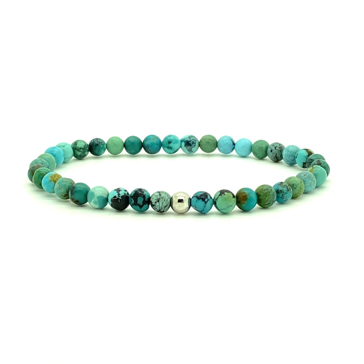 Turquoise represents wisdom, tranquility, protection, good fortune and hope. Round Turquoise Hubei beads paired with your choice of a single 14K solid white, rose or yellow gold bead. Elastic cord for a perfect fit. Made by WristBend