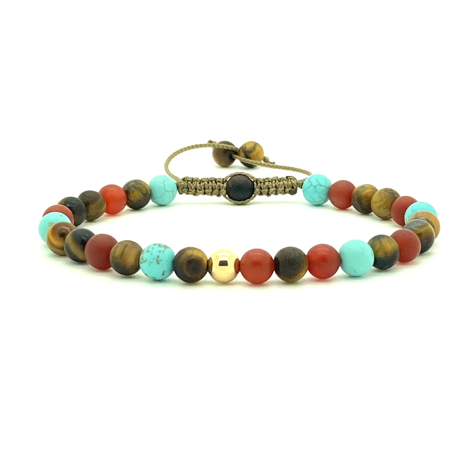 Tiger's Eye is a powerful stone that helps to release fear and anxiety and aids harmony and balance. Paired with Turquoise and Carnelian gemstones, with your choice of 14K white, yellow or rose gold bead. Hand knotted adjustable cord for a perfect fit.  Made by WristBend