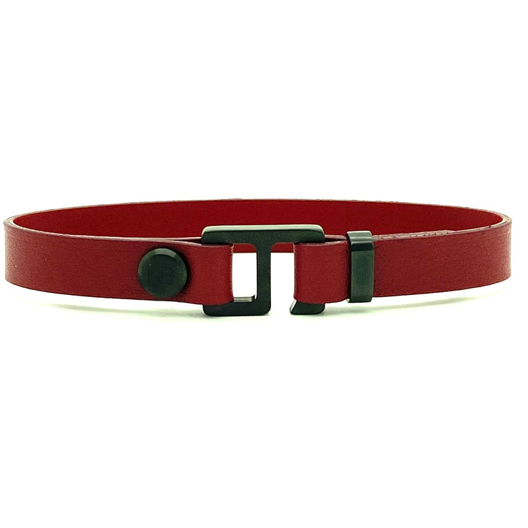 With a trendy, cool modern vibe, this red wine Italian leather cuff bracelet is paired with your choice of brushed stainless steel, brass or black ceramic hardware. Our signature cuff bracelet is a modern staple for your WristBend collection.