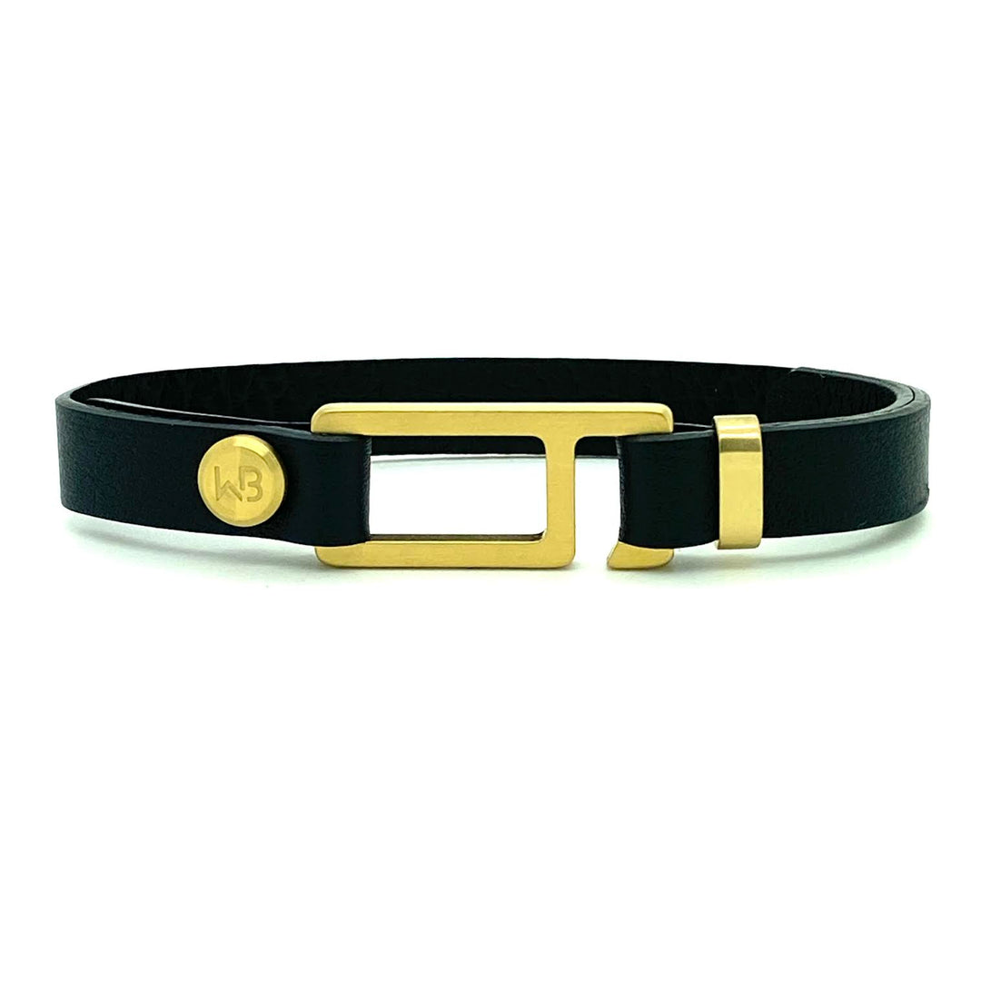 Our striking black Italian leather bracelet is paired perfectly with our artisan designed, lightly brushed hardware. Your hardware choices include Rose Gold, Yellow Gold, Stainless Steel or Black Ceramic. This adjustable size bracelet is a distinctive piece worn alone or with a WristBend stacking bracelet. Made by WristBend