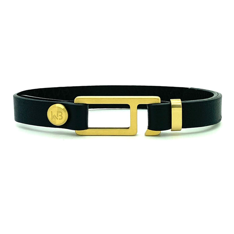 Our striking black Italian leather bracelet is paired perfectly with our artisan designed, lightly brushed hardware. Your hardware choices include Rose Gold, Yellow Gold, Stainless Steel or Black Ceramic. This adjustable size bracelet is a distinctive piece worn alone or with a WristBend stacking bracelet. Made by WristBend