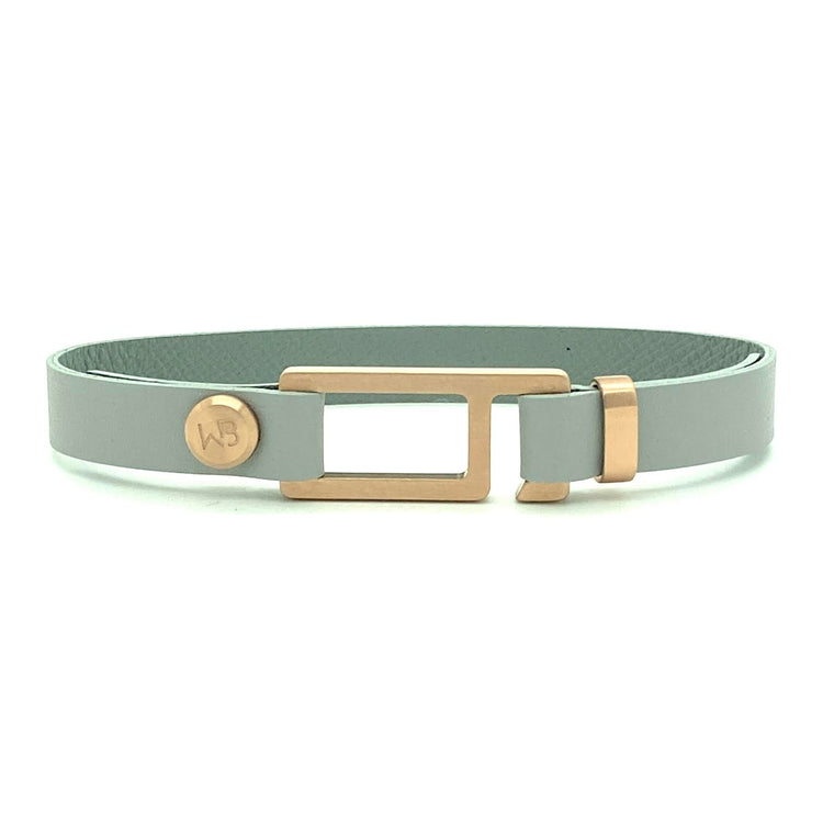 Our striking charcoal grey French leather bracelet is paired perfectly with our artisan designed, lightly brushed hardware. Your hardware choices include Rose Gold, Yellow Gold, Stainless Steel or Black Ceramic. This adjustable size bracelet is a distinctive piece worn alone or with a WristBend stacking bracelet. Made by WristBend