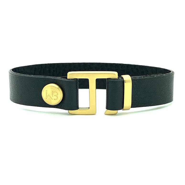 Our striking black Italian leather cuff bracelet is paired perfectly with our artisan designed hardware. Choice includes rose gold, yellow gold, stainless steel or black ceramic. This adjustable size bracelet is a distinctive piece worn alone or with a WristBend stacking bracelet. Made by WristBend